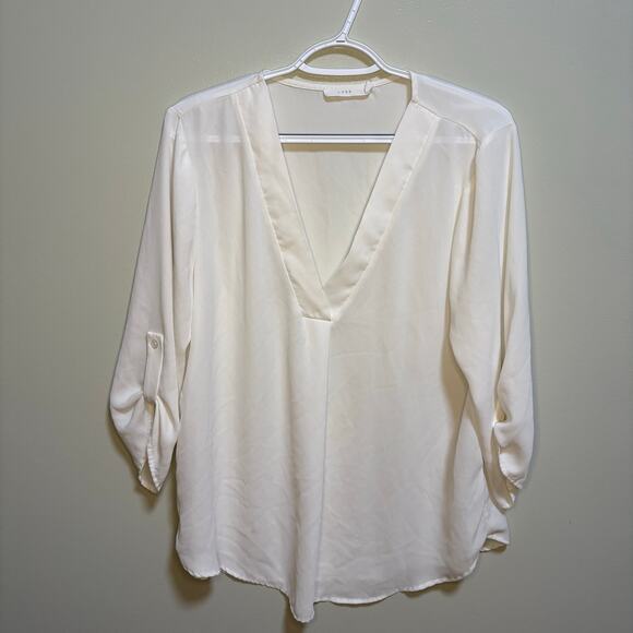 Lush White Semi-sheer 3/4 Sleeve V Neck Blouse Large Feminine Flowy Spring Light - Picture 1 of 10